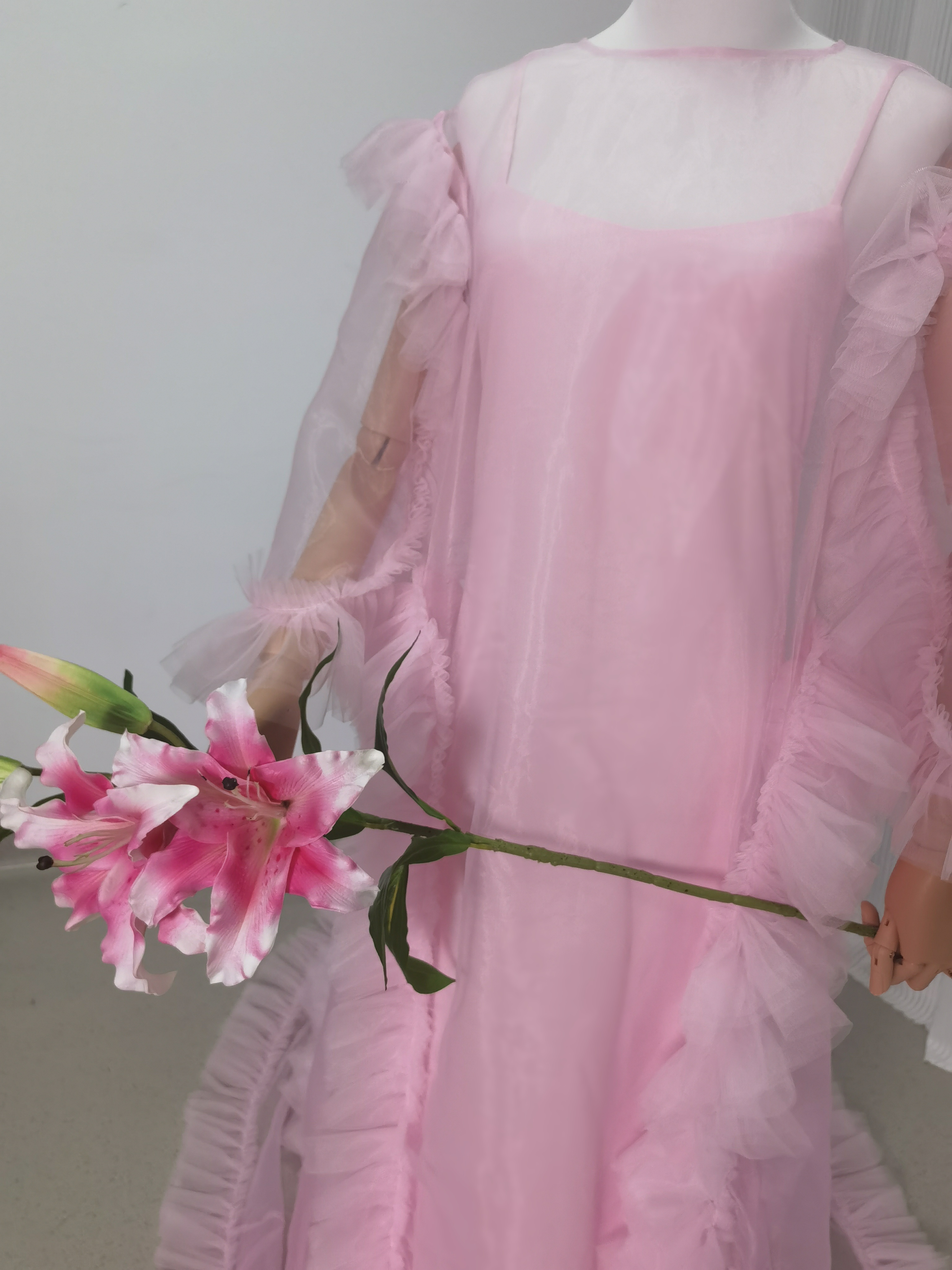  2ways ピンク オーバードレス+キャミソール ラッフルフリル 妊婦 前撮り デザイン感