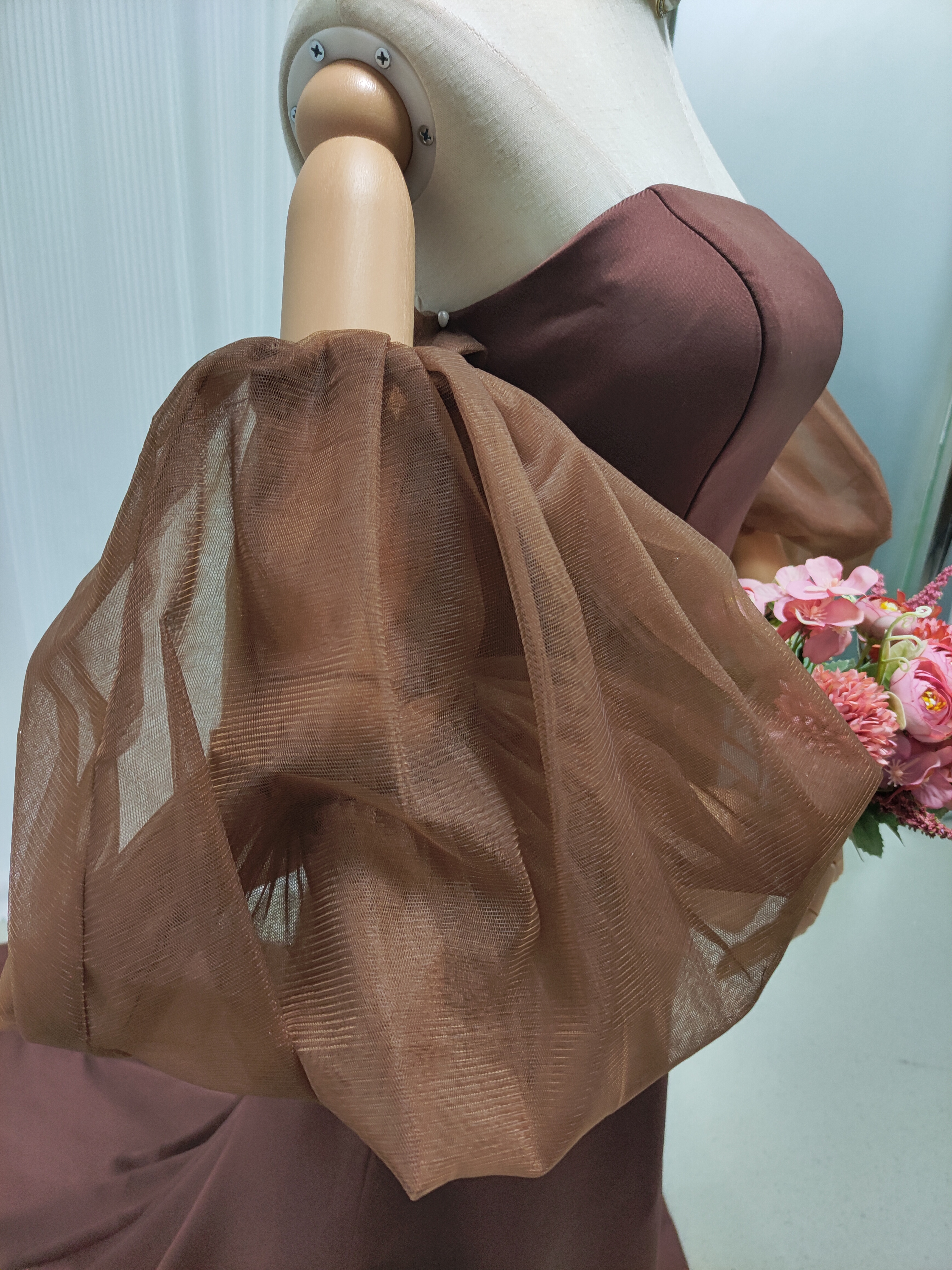 上品！カラードレス コーヒーの色 マーメイドライン ベアトップ パフスリーブ ファスナー 2次会/合コン