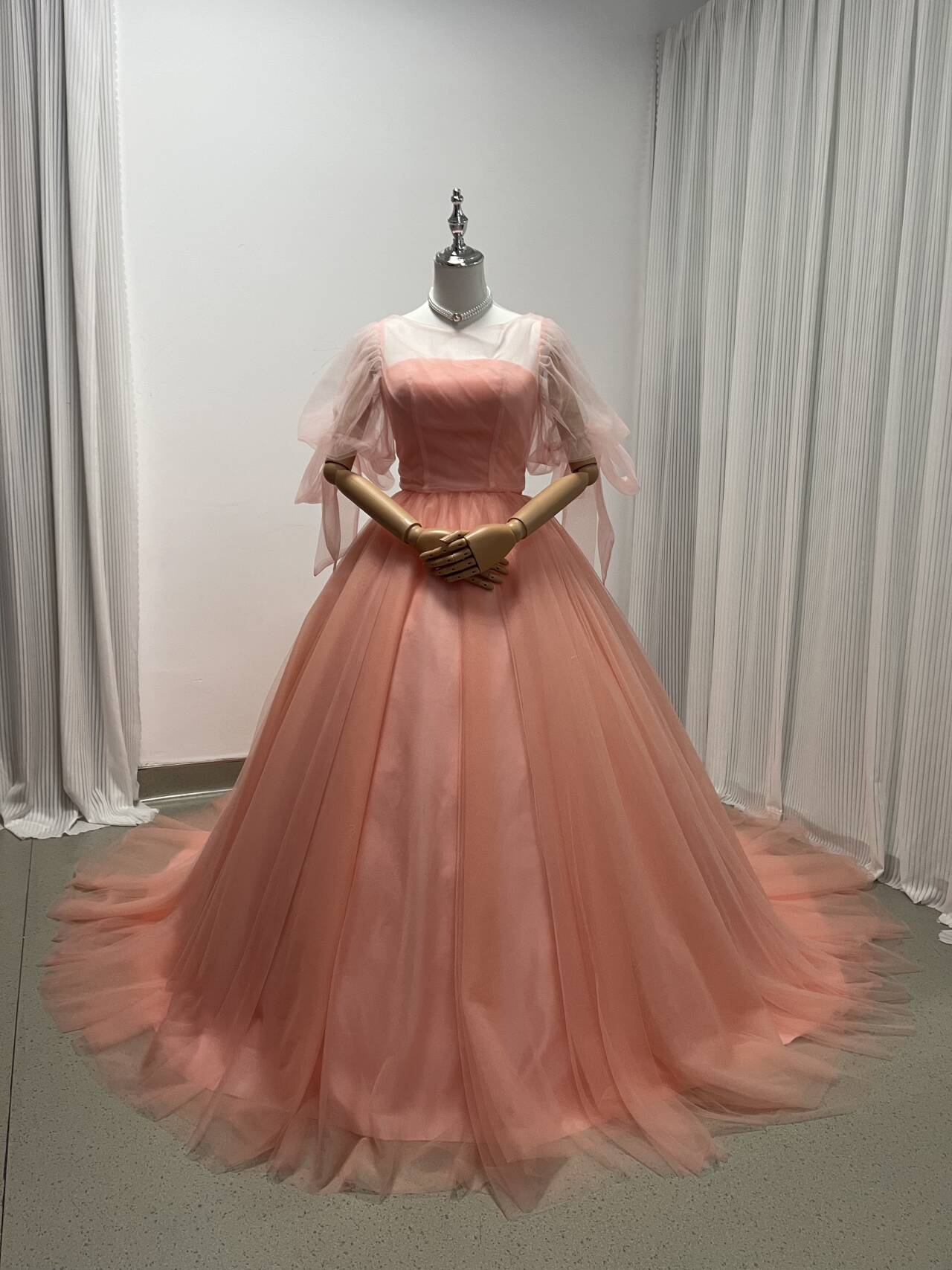 カラードレス+トップス 薄ピンク プリンセスライン くるみボタン ソフトチュール 花嫁/披露宴