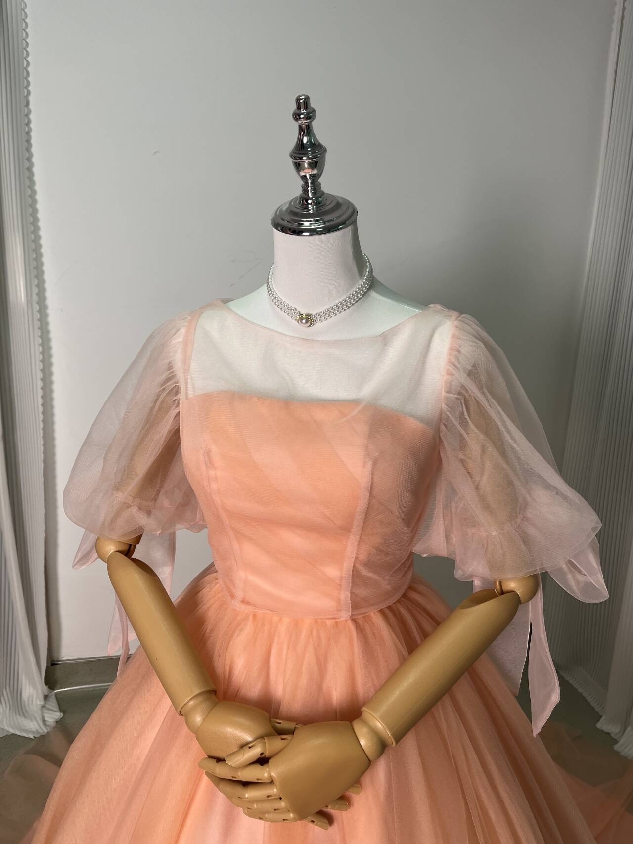 カラードレス+トップス 薄ピンク プリンセスライン くるみボタン ソフトチュール 花嫁/披露宴