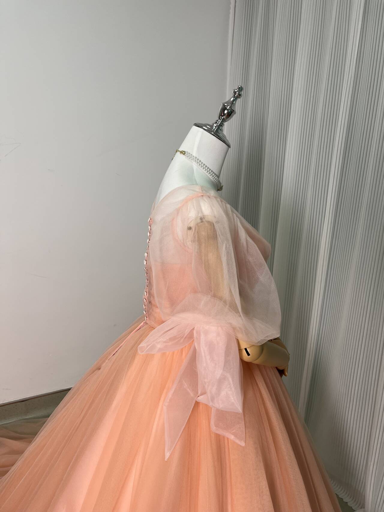 カラードレス+トップス 薄ピンク プリンセスライン くるみボタン ソフトチュール 花嫁/披露宴