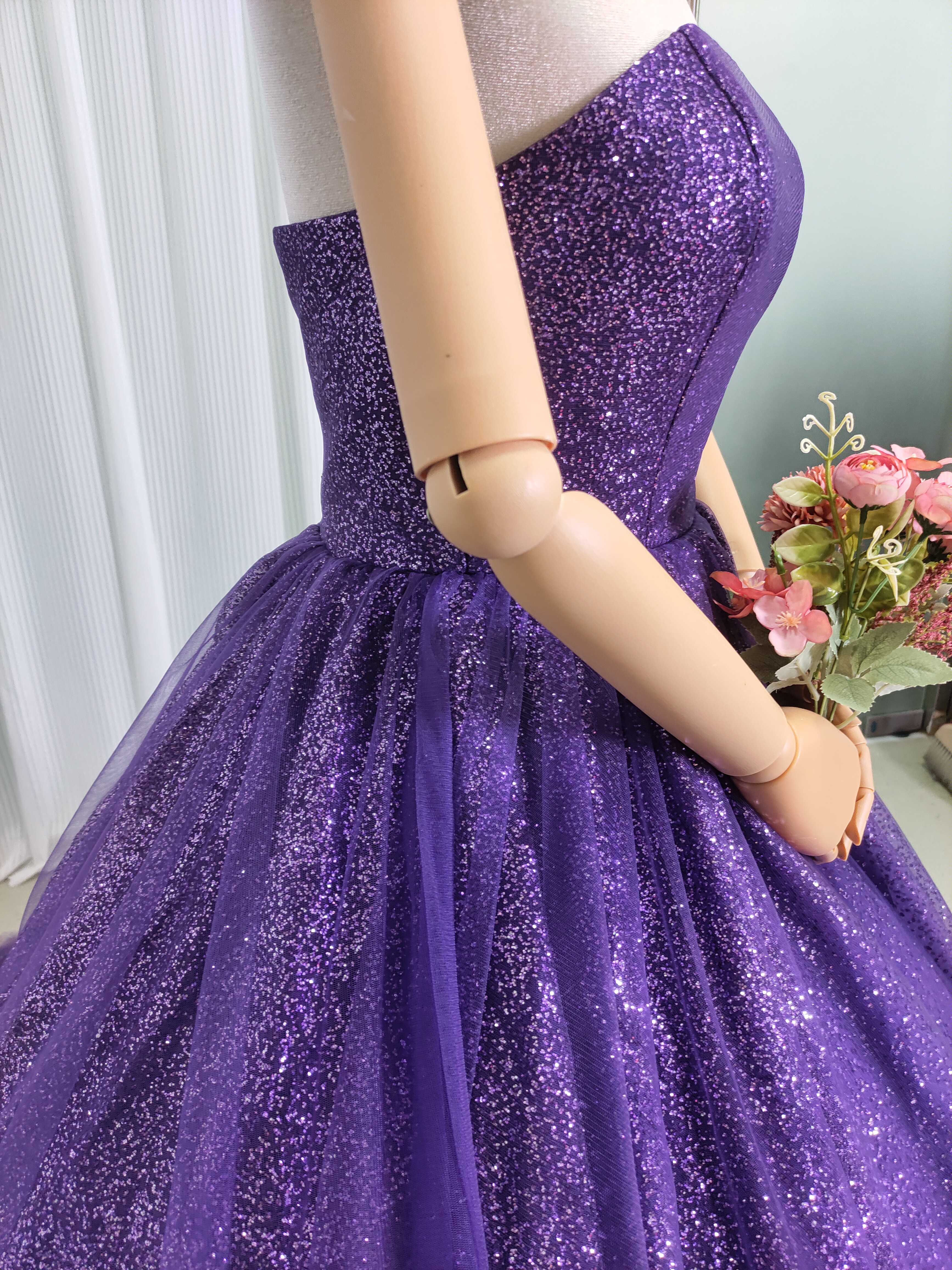 カラードレス パープル ベアトップ キラキラグリッターチュール 編み上げ 披露宴 前撮り