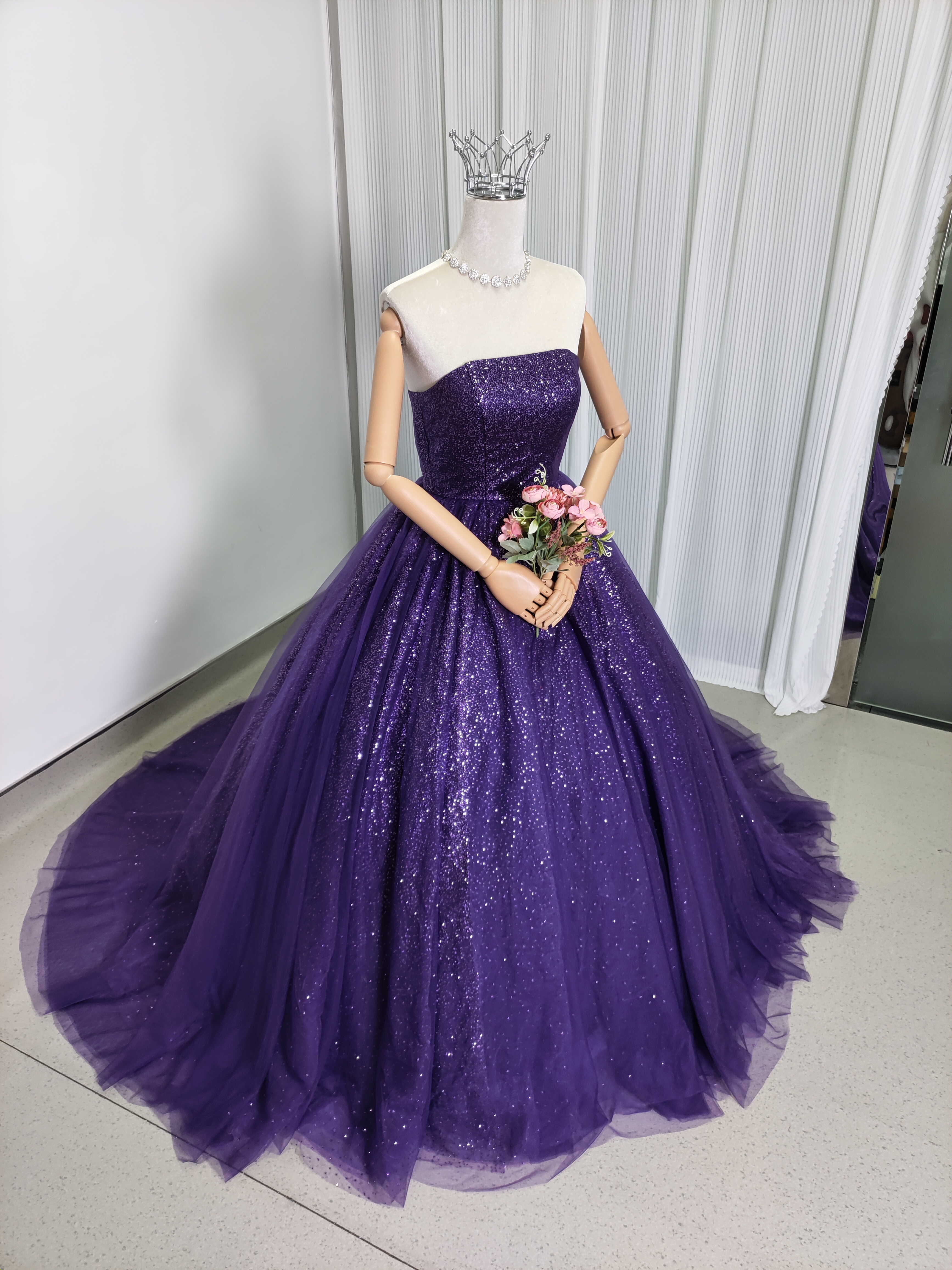 カラードレス パープル ベアトップ キラキラグリッターチュール 編み上げ 披露宴 前撮り