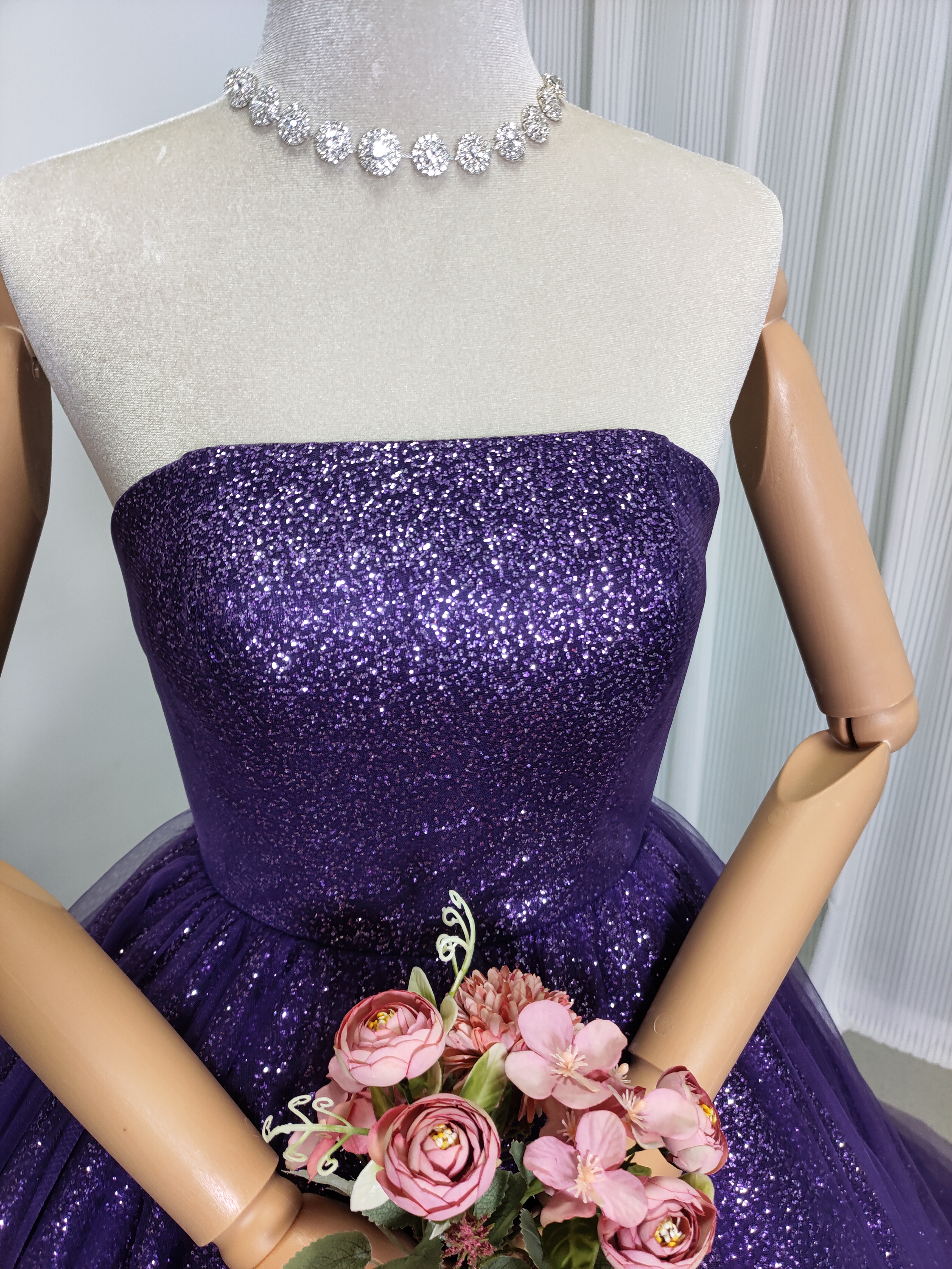カラードレス パープル ベアトップ キラキラグリッターチュール 編み上げ 披露宴 前撮り