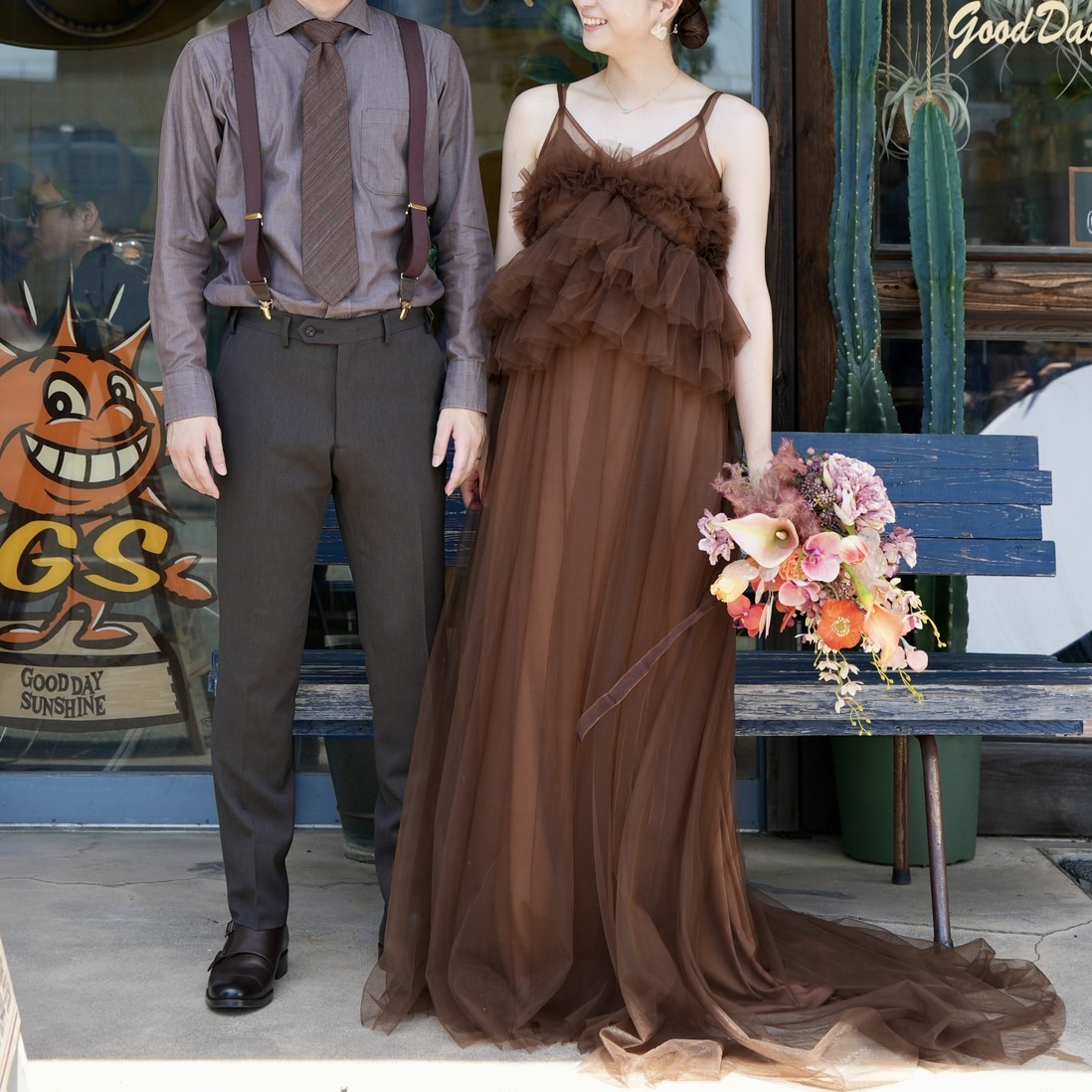 実例写真！2ways キャミソール ブラウン パーティードレス 胸元フリル 前撮り ワンピース 可愛い 妊婦