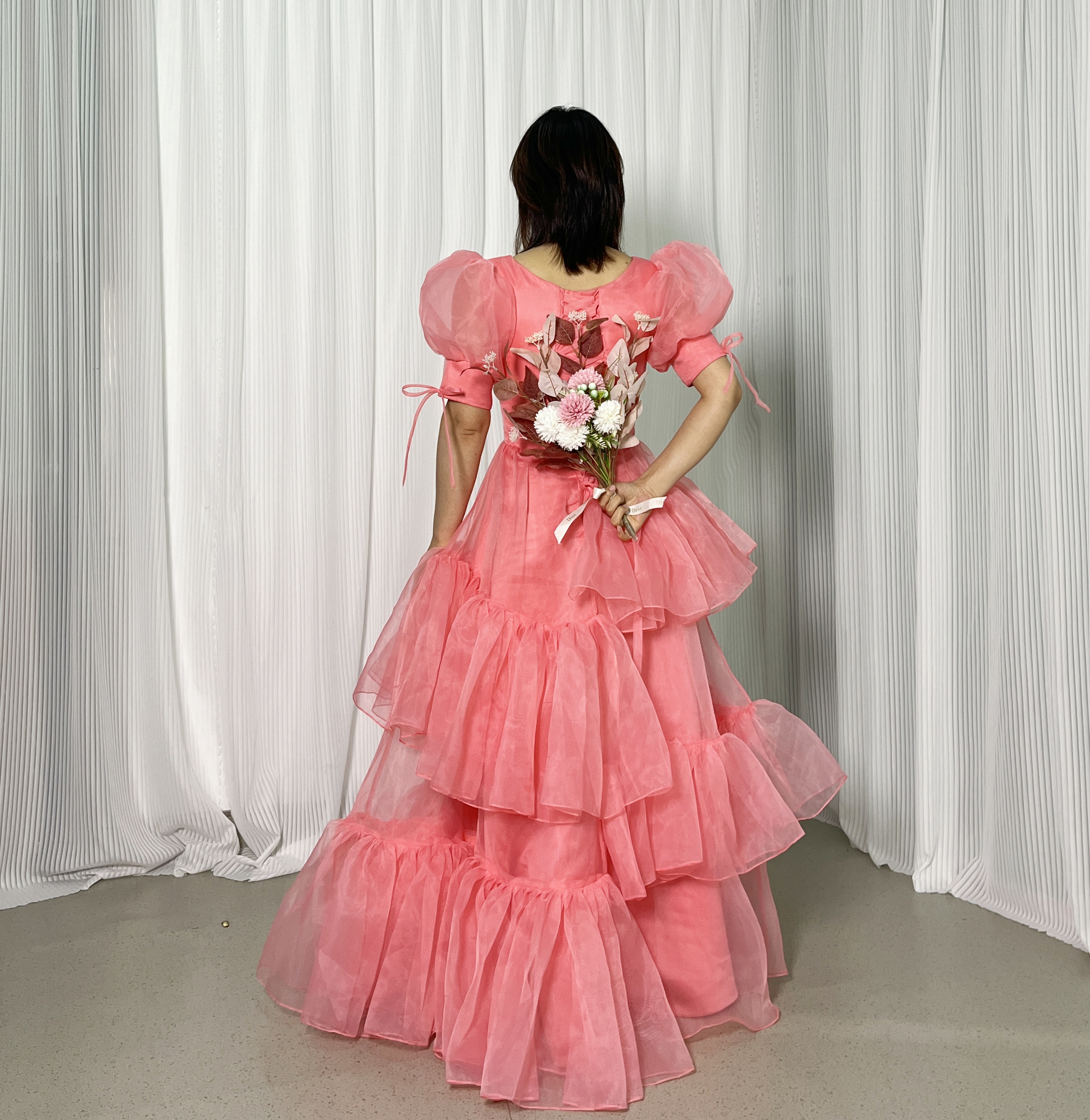カラードレス ローズピンク 上質オーガンジー プリンセスライン ロング 可愛い 編み上げ 前撮り 二次会