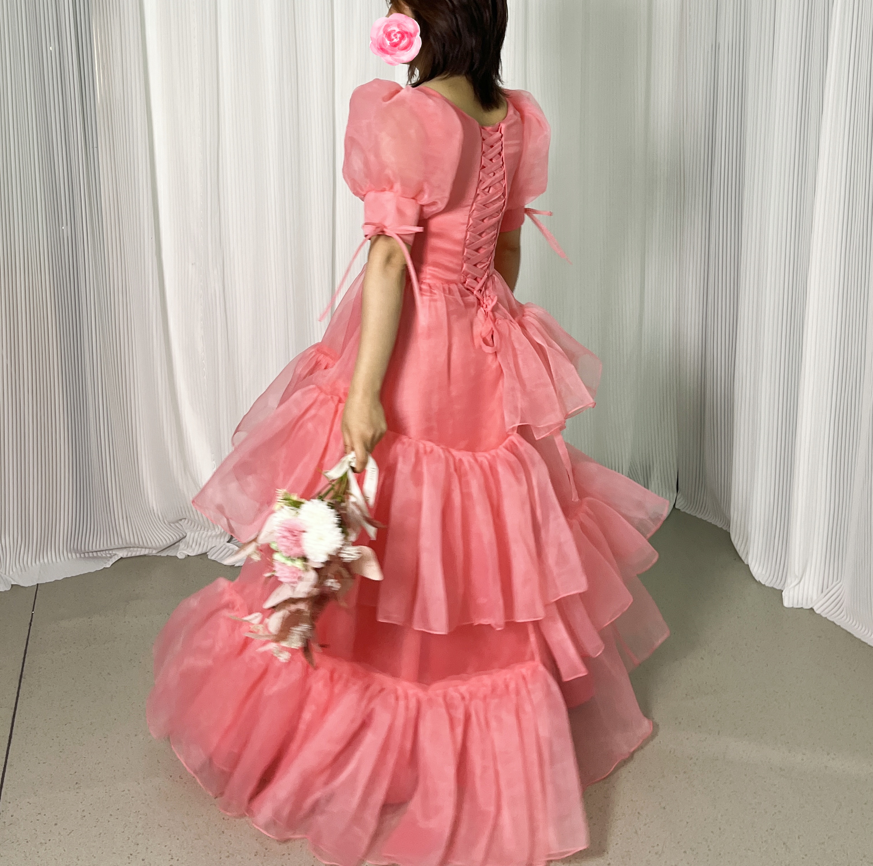 カラードレス ローズピンク 上質オーガンジー プリンセスライン ロング 可愛い 編み上げ 前撮り 二次会