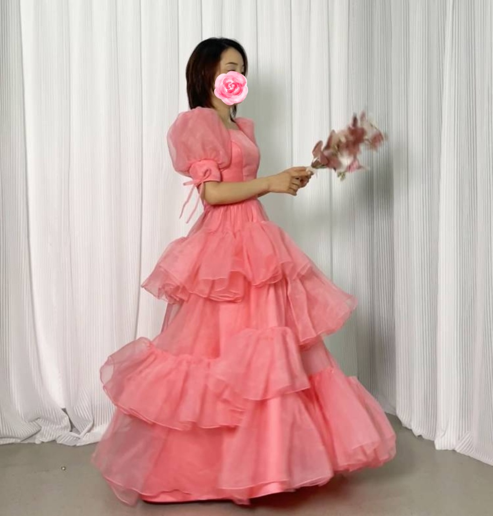 カラードレス ローズピンク 上質オーガンジー プリンセスライン ロング 可愛い 編み上げ 前撮り 二次会