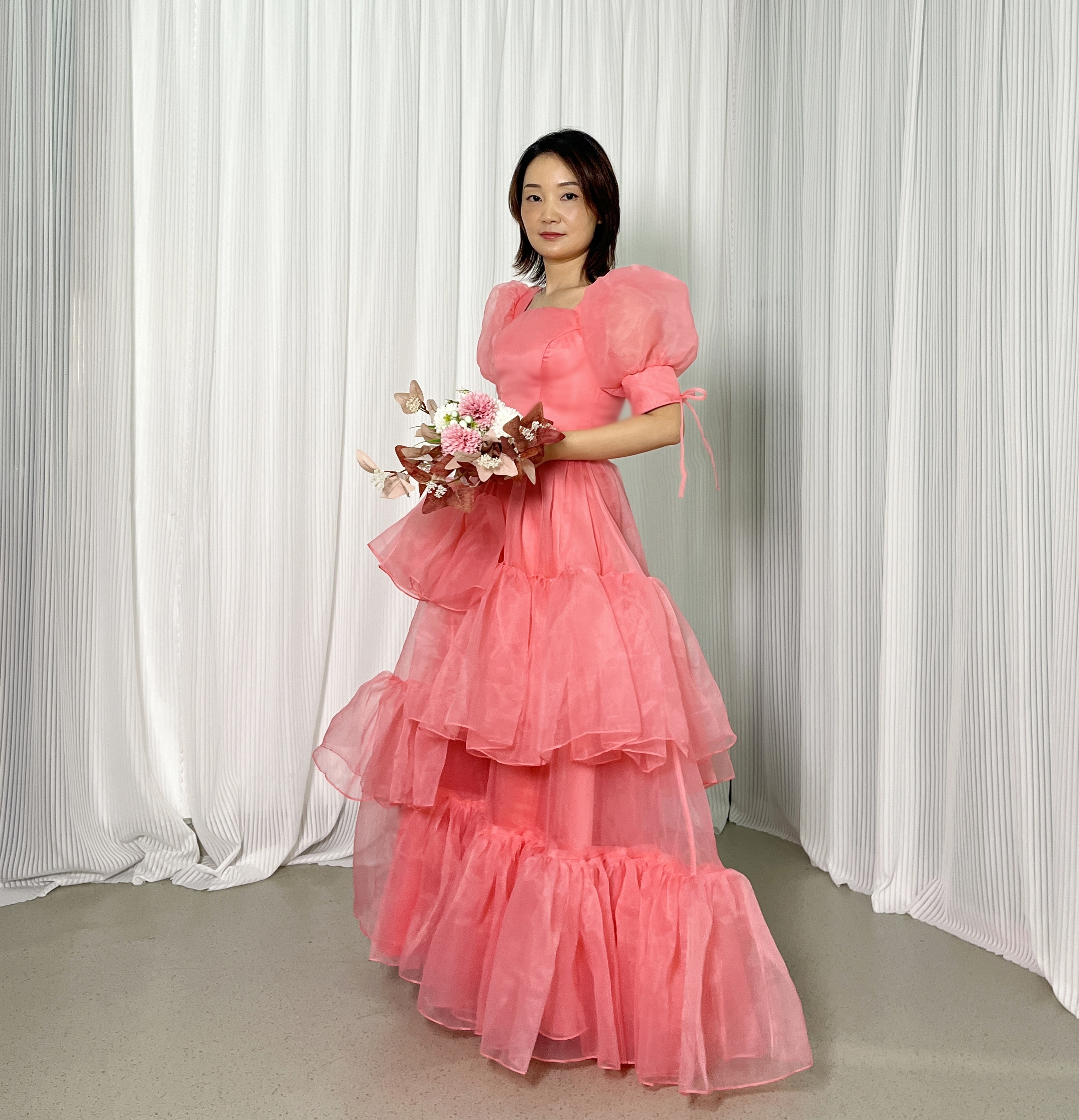 カラードレス ローズピンク 上質オーガンジー プリンセスライン ロング 可愛い 編み上げ 前撮り 二次会