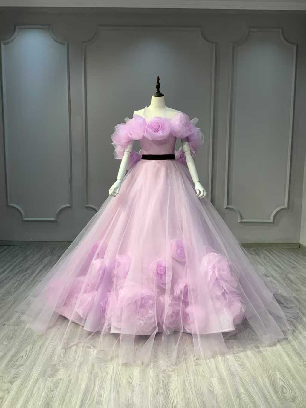 カラードレス 取り外しオフショルダー ピンク紫 サッシュベルト バラトレーン 結婚式 プリンセスライン 編み上げ