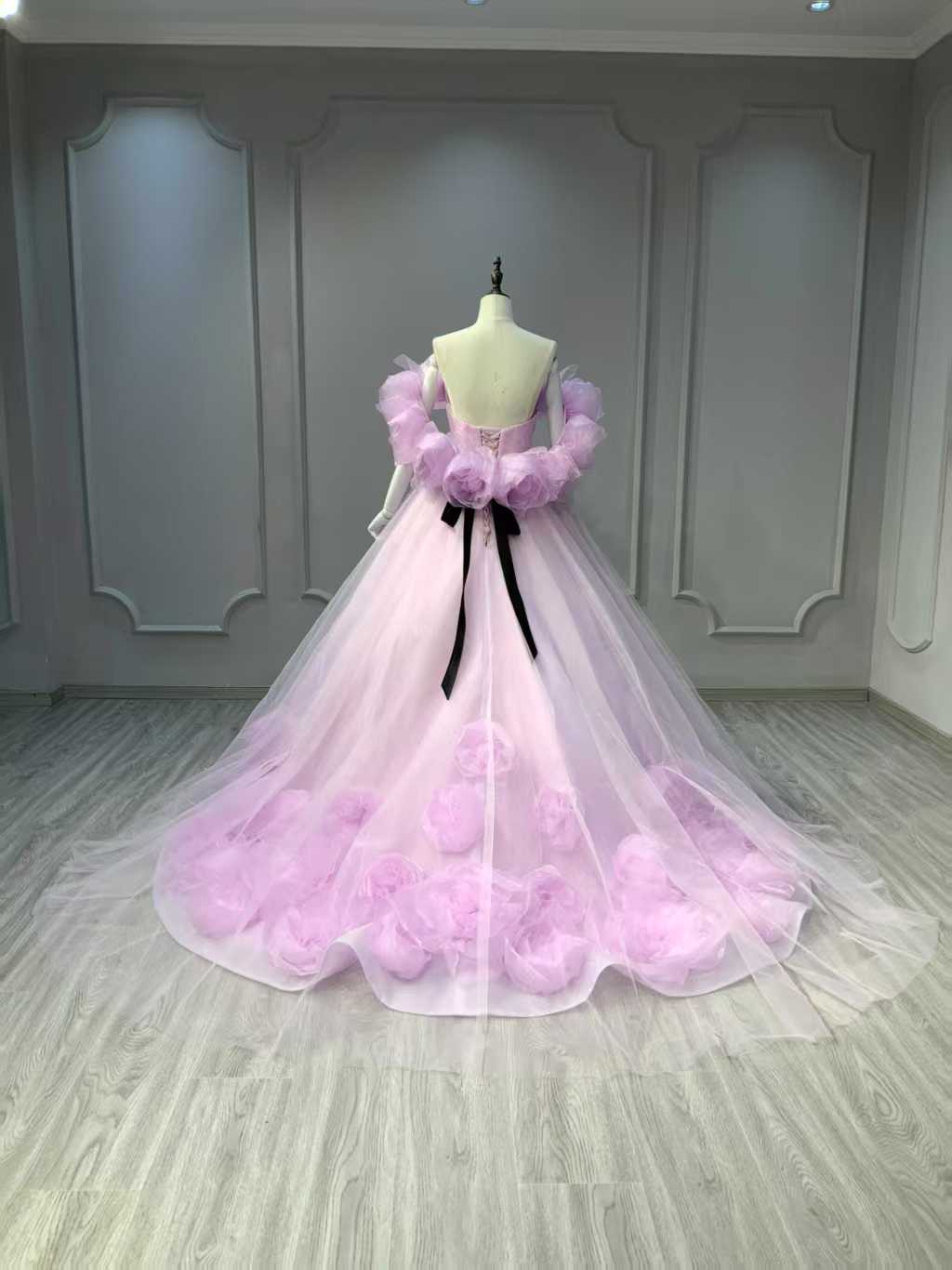 カラードレス 取り外しオフショルダー ピンク紫 サッシュベルト バラトレーン 結婚式 プリンセスライン 編み上げ