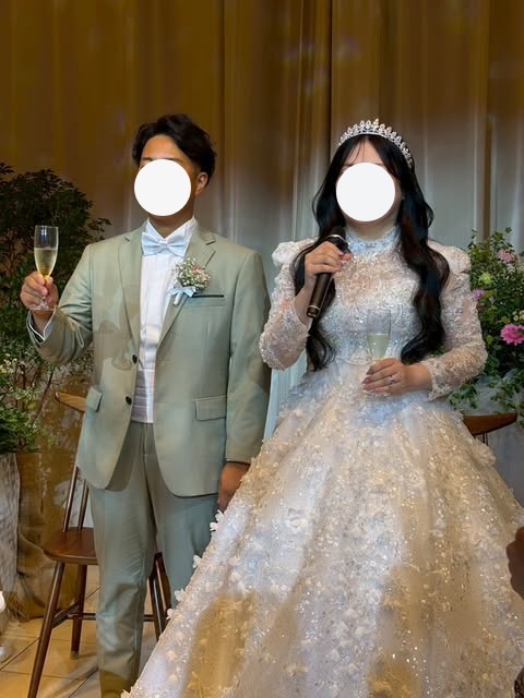 実例写真！ボレロのみ ウェディングドレス 七分袖 キラキラ光る刺繍 くるみボタン 結婚式 花嫁