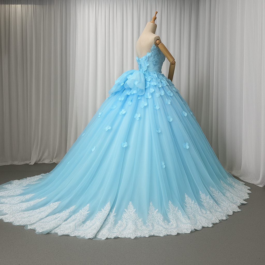 カラードレス ブルー ベアトップ 立体花レース刺繍 リボン 裾に繊細レースをあしらった 編み上げ 花嫁