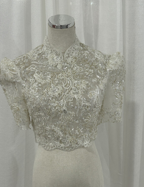 実例写真！ボレロのみ 半袖 ハイネック 美しい花レース 韓国風ドレス 華やか 結婚式 素敵な
