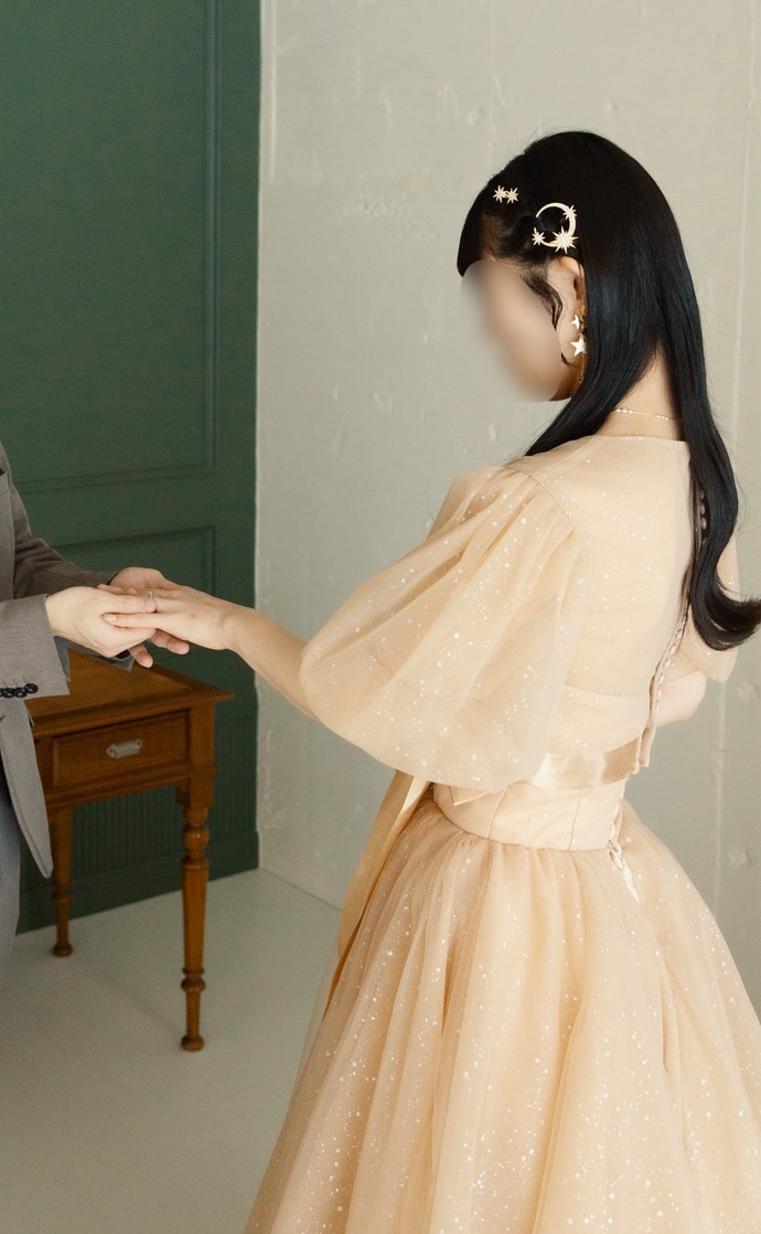 実例写真！シャンパン色 トップスのみ Vネック 半袖 キラキラチュール くるみボタン 前撮り