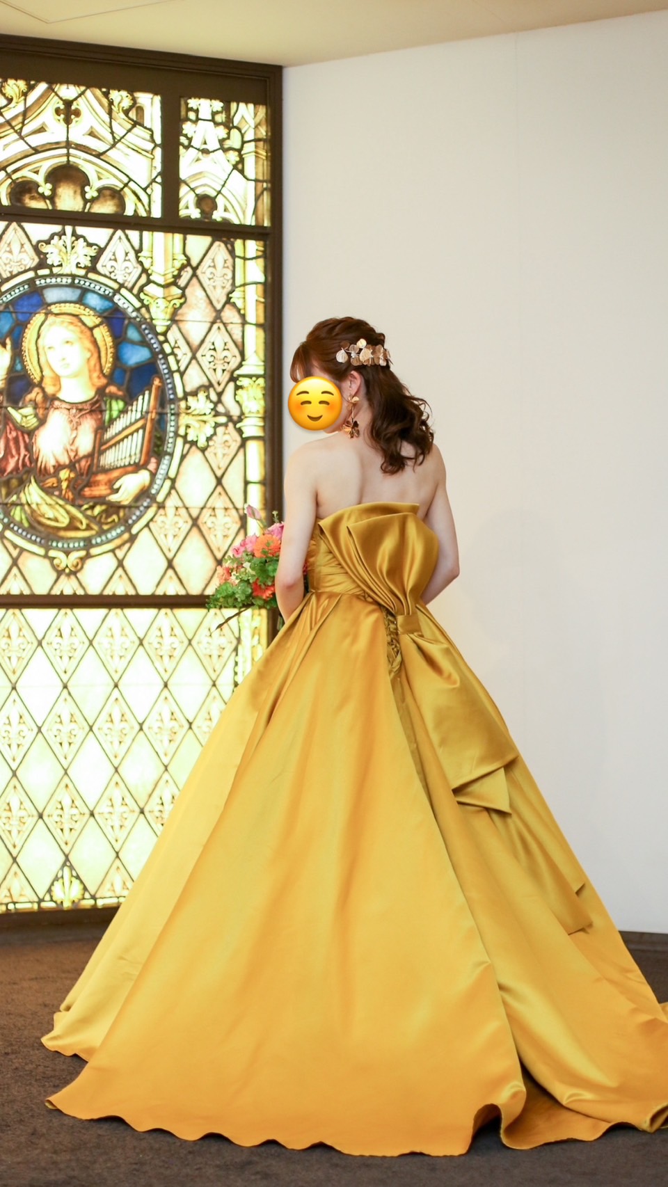 実例写真！3waysマスタードイエローカラードレス　取り外しパフスリーブ　　スッキリバックリボン 　トレーン