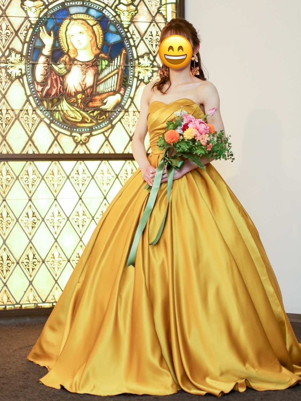実例写真！3waysマスタードイエローカラードレス　取り外しパフスリーブ　　スッキリバックリボン 　トレーン