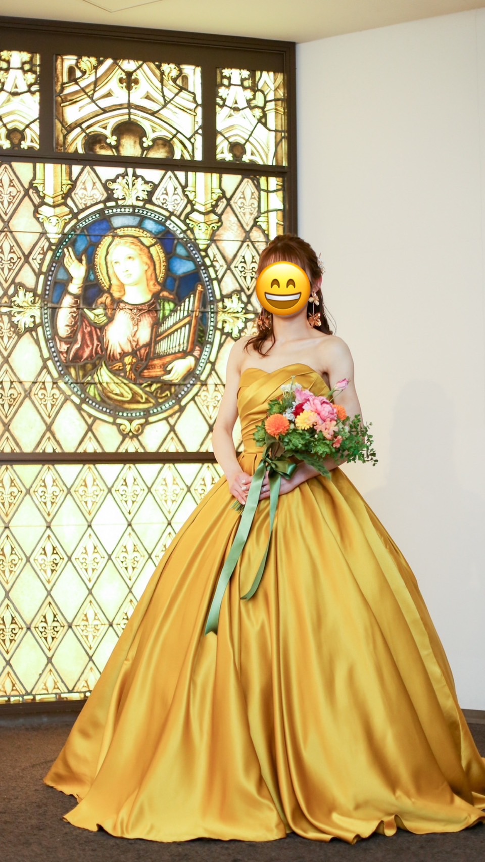 実例写真！3waysマスタードイエローカラードレス　取り外しパフスリーブ　　スッキリバックリボン 　トレーン