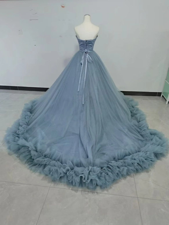 実例写真！カラードレス ブルー 取り外しオフショルダー ラッフルフリル ソフトチュール デザイン感 花嫁