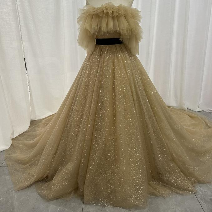 実例写真！カラードレス シャンパン色 取り外しオフショルダー シークインチュール 花嫁 前撮り