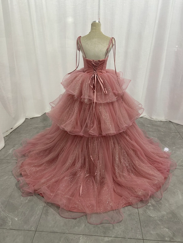 実例写真！カラードレス ピンク キャミソール ビロード キラキラチュール 可愛い 編み上げ 憧れのドレス 花嫁