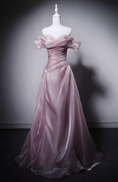 カラードレス 薄桃色 オフショルダー パール ハンドドレープ 優雅なシルエット 編み上げ ふわふわドレス 演奏会
