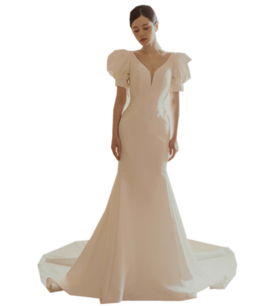 ウェディングドレス 姫袖 マーメイドライン Vネック 大人っぽい ロイヤルサテン 披露宴