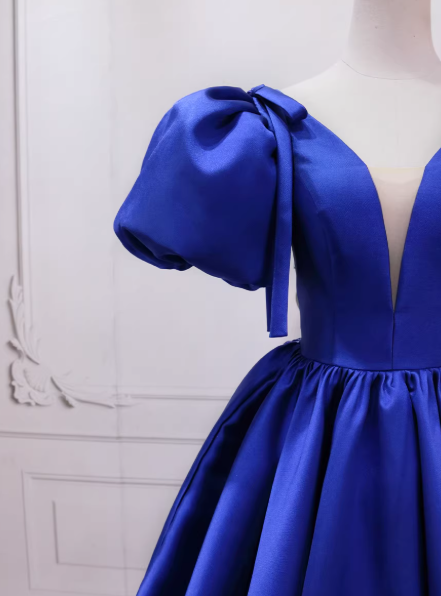 カラードレス ジュエルブルー Vネック パフスリーブ 揺らめく裾 大人っぽい 編み上げ 音楽会