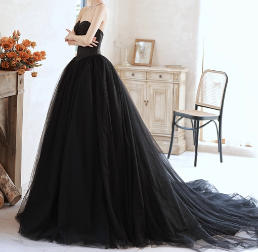 パーティードレス ブラック ベアトップ チュールスカート プリンセスライン 編み上げ 発表会