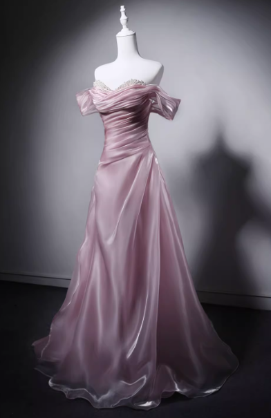 カラードレス 薄桃色 オフショルダー パール ハンドドレープ 優雅なシルエット 編み上げ ふわふわドレス 演奏会