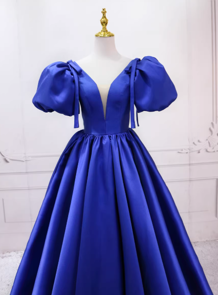カラードレス ジュエルブルー Vネック パフスリーブ 揺らめく裾 大人っぽい 編み上げ 音楽会