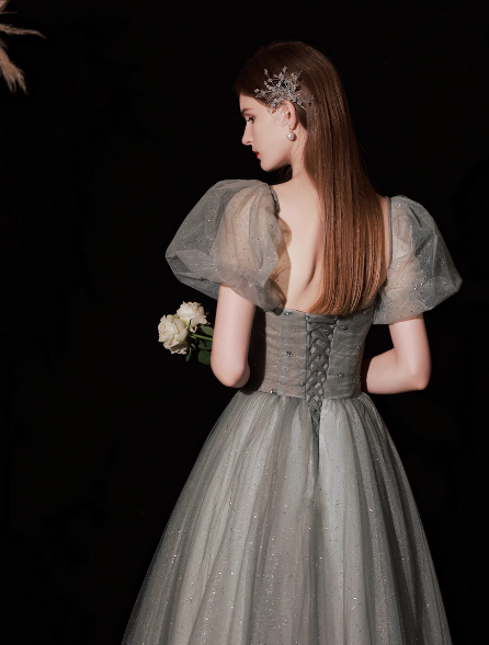 カラードレス グレー キラキラチュール ベアトップ パフスリーブ グリッタードレス Aライン 音楽会/発表会