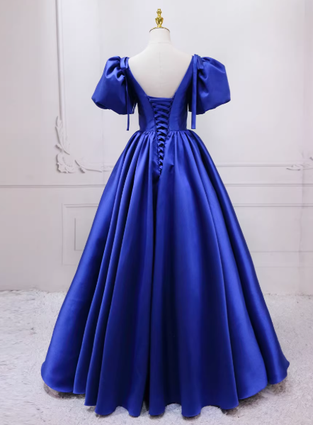 カラードレス ジュエルブルー Vネック パフスリーブ 揺らめく裾 大人っぽい 編み上げ 音楽会