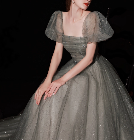 カラードレス グレー キラキラチュール ベアトップ パフスリーブ グリッタードレス Aライン 音楽会/発表会