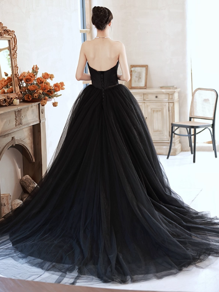 パーティードレス ブラック ベアトップ チュールスカート プリンセスライン 編み上げ 発表会
