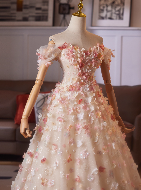 カラードレス 薄ピンク オフショルダー 3D立体花レース刺繍 シークインチュール 花嫁 抜群のおしゃれ見え