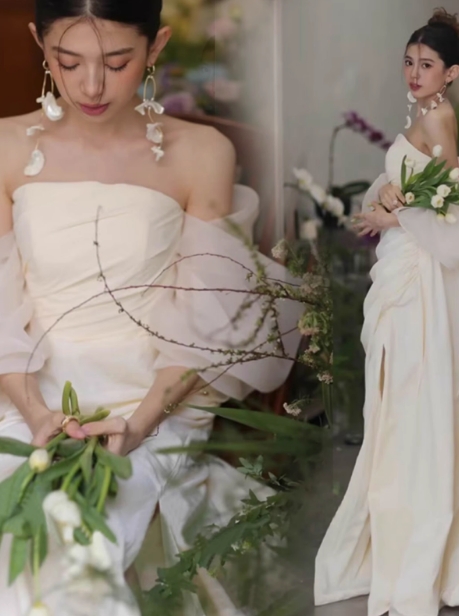 ウエディングドレス ベアトップ ドロップショルダー 編み上げ 結婚式 抜群のおしゃれ見え