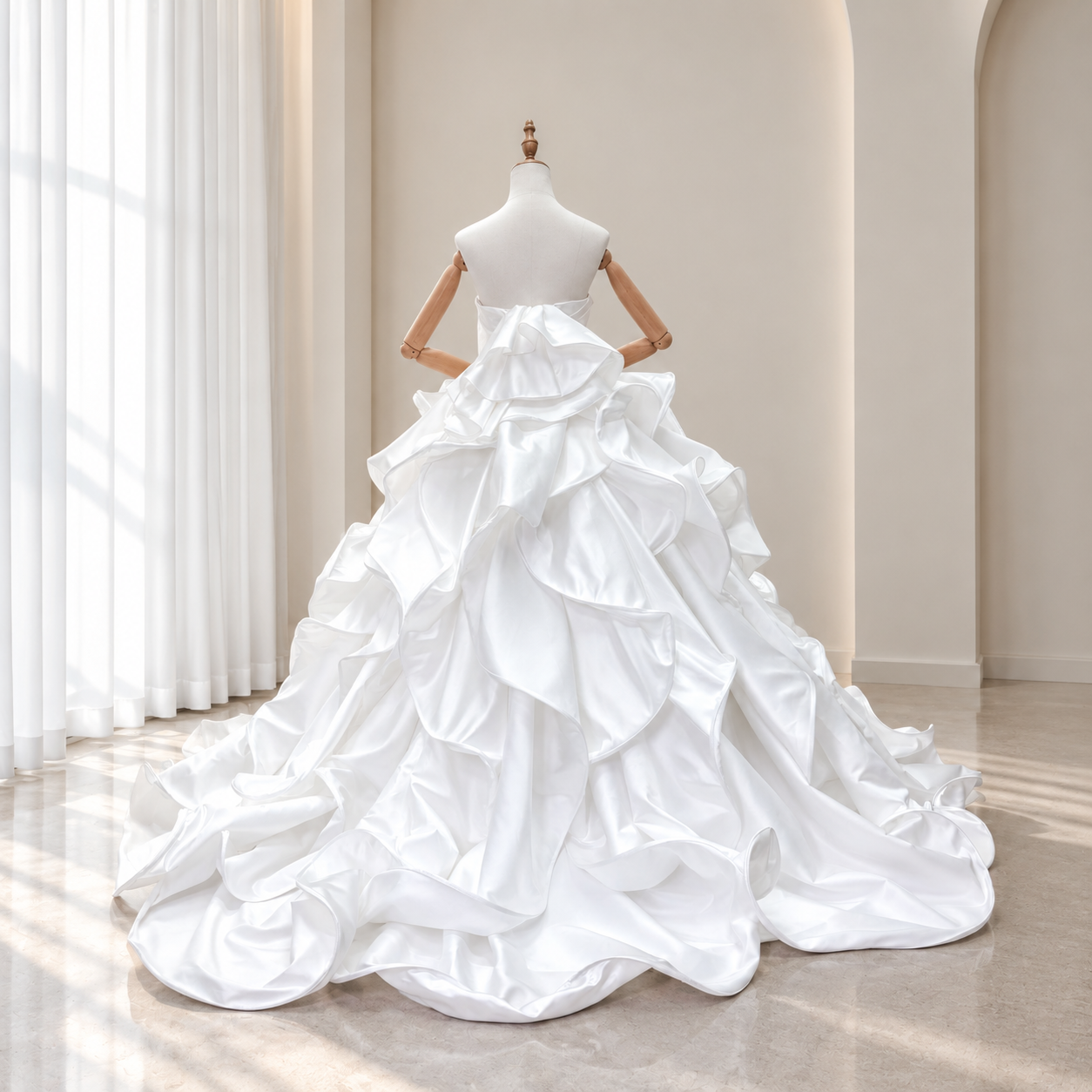豪華！ウエディングドレス ベアトップ ラッフルフリル ロイヤルサテン ボリュームドレス 結婚式