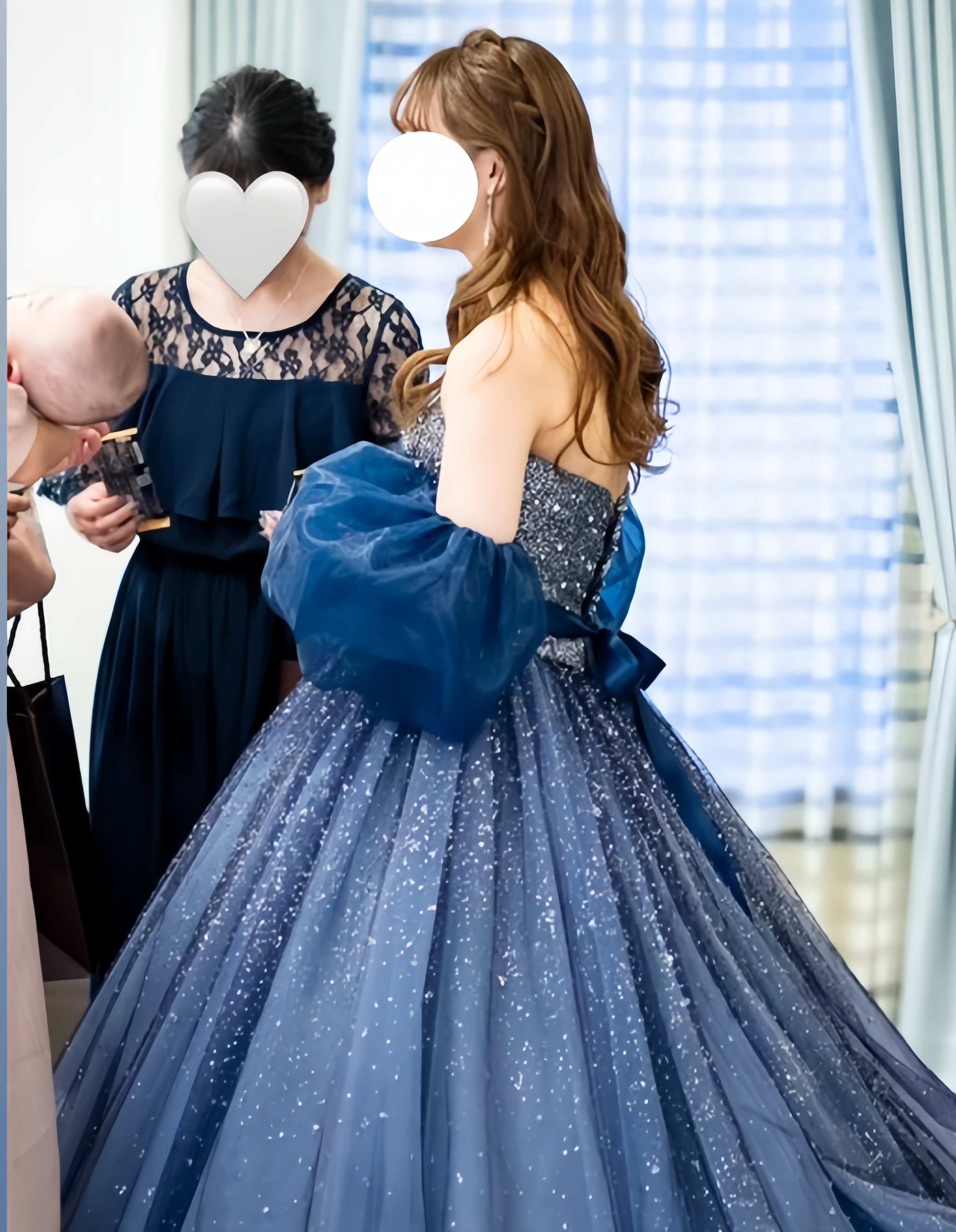 実例写真！パフスリーブ 取り外し袖 ネイビー ストレッチ 上質オーガンジー 可愛い 色直し 花嫁