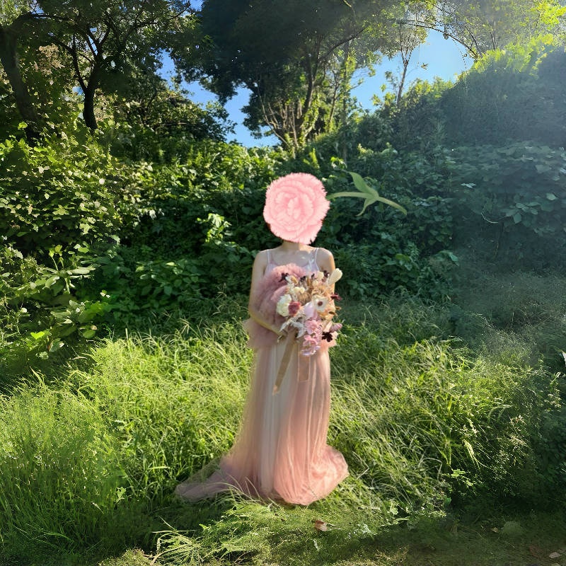 実例写真！パーティードレス 胸元フリル ピンク キャミソール ツーピース デザイン感 妊婦 前撮り 可愛い