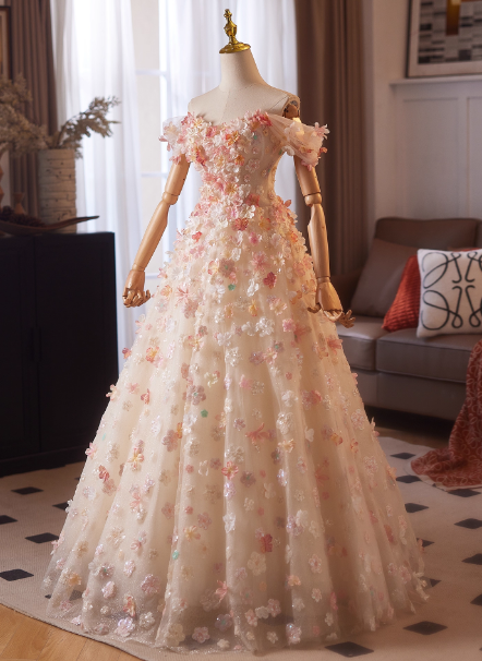 カラードレス 薄ピンク オフショルダー 3D立体花レース刺繍 シークインチュール 花嫁 抜群のおしゃれ見え