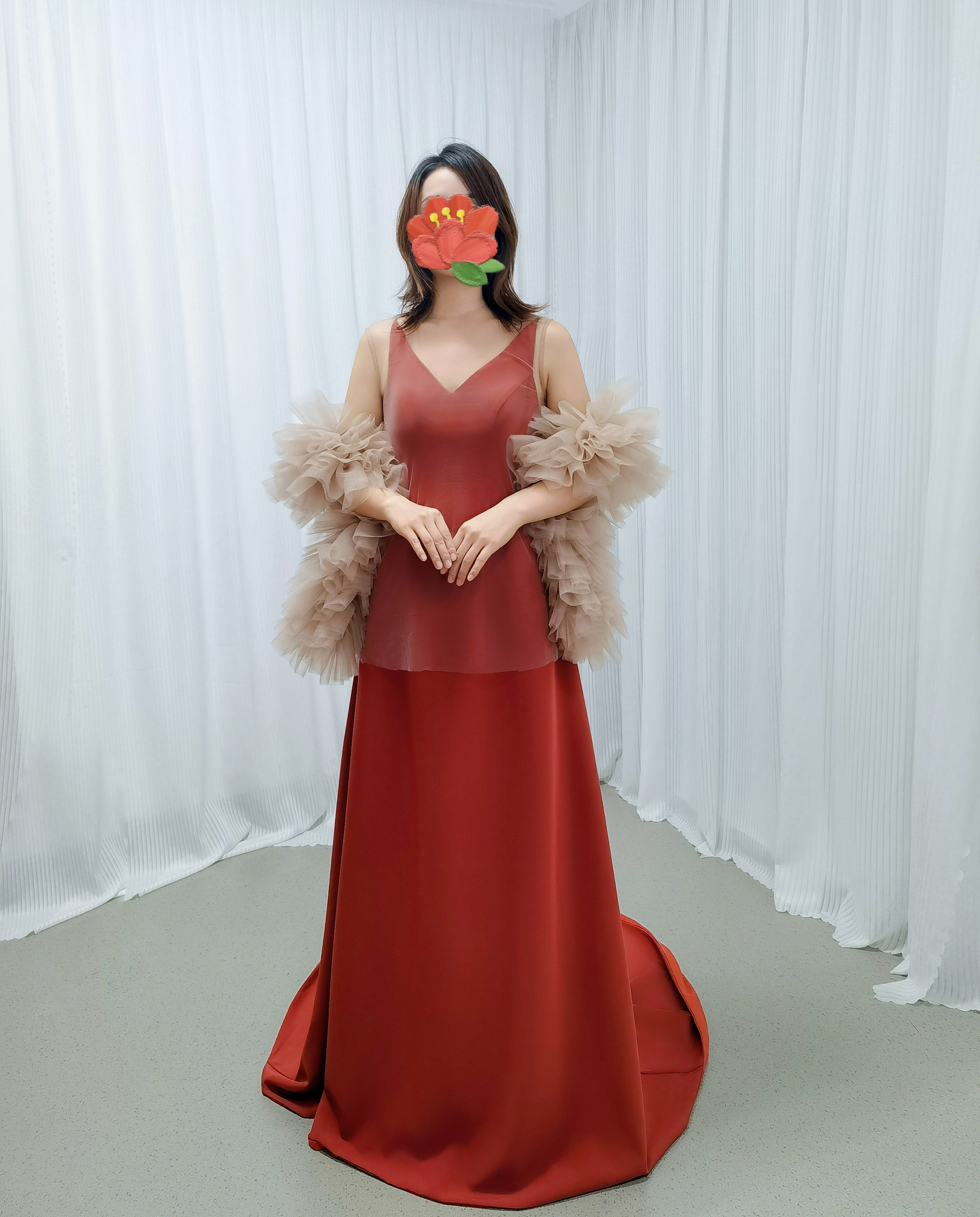 パーティードレス Vネック ツーピース テラコッタ色 トップス+キャミソール ラッフルフリル 前撮り