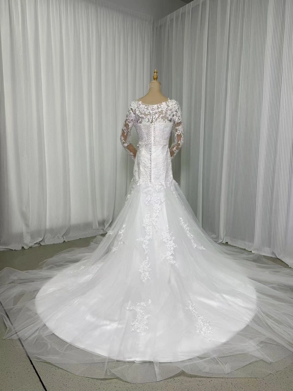 実例写真！2waysマーメイドウエディングドレス　刺繍ボレロ付き　くるみボタン　トレーン　前撮り　二次会　結婚式　