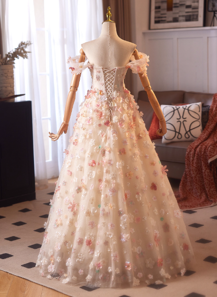 カラードレス 薄ピンク オフショルダー 3D立体花レース刺繍 シークインチュール 花嫁 抜群のおしゃれ見え