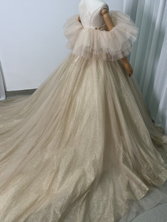 実例写真！カラードレス シャンパン色 オフショルダー キラキラグリッターチュール 編み上げ 花嫁 ウェディングドレス