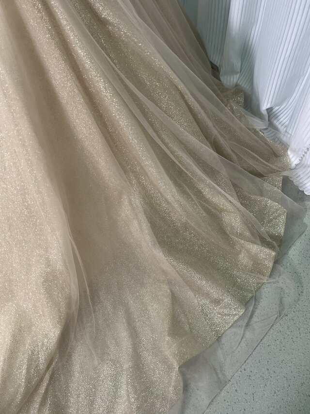 実例写真！カラードレス シャンパン色 オフショルダー キラキラグリッターチュール 編み上げ 花嫁 ウェディングドレス