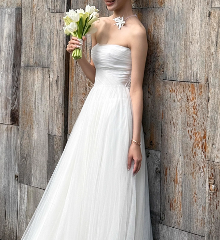 ウェディングドレス ベアトップ ソフトチュール ふわふわドレス ワンピース 結婚式 披露宴 前撮り