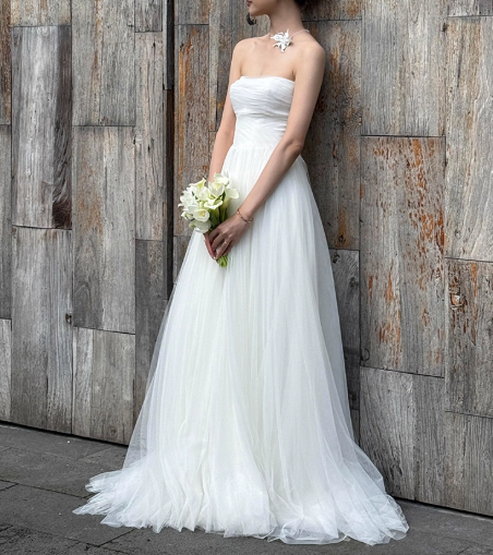 ウェディングドレス ベアトップ ソフトチュール ふわふわドレス ワンピース 結婚式 披露宴 前撮り