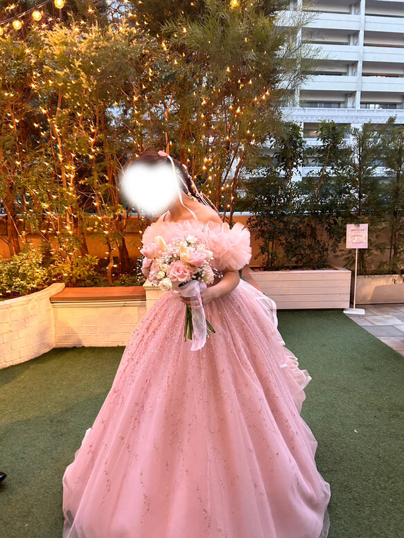 実例写真！取り外しオフショルダーのみ ピンク ソフトチュール 編み上げ 花嫁/カラードレス