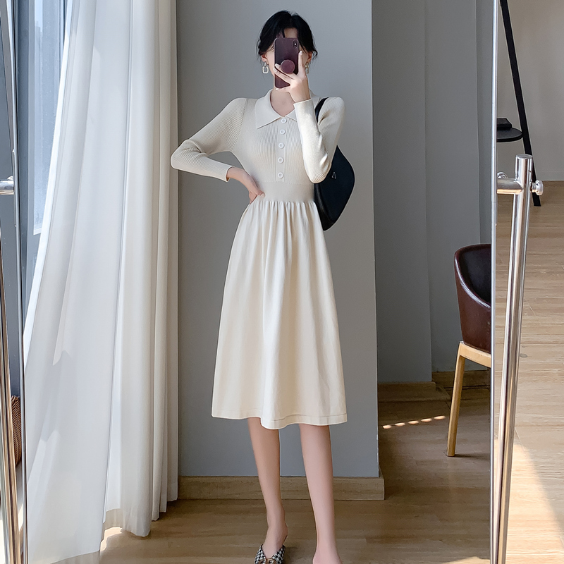 韓版氣質收腰顯瘦過膝針織毛衣裙